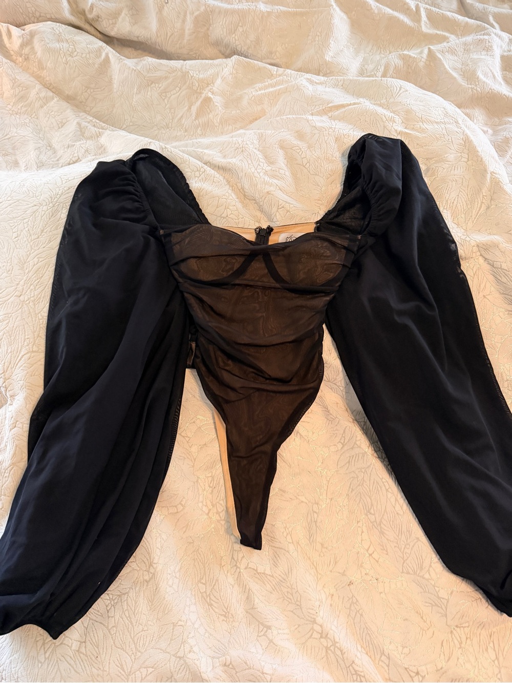 Oh Polly Black Sheer Puff Sleeve Bodysuit with Underwire